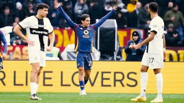 Paulo Dybala of AS Roma celebrates after scoring third goal during the Serie A Enilive match between AS Roma and Parma Calcio 1913 at Stadio Olimpico on December 21, 2024 in Rome, Italy. (Photo by Giuseppe Maffia/NurPhoto via Getty Images)