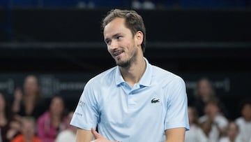 Russia's Daniil Medvedev reacts with Serbia's Hamad Medjedovic during their semi-final simple tennis match at the Marseille Open 13 ATP World Tour in Marseille, southern France on February 15, 2025. (Photo by MIGUEL MEDINA / AFP)
