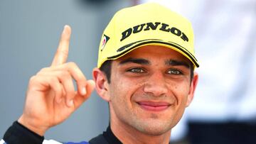Scarperia (Italy), 03/06/2018.- Spanish Moto3 rider Jorge Martin of the Del Conca Gresini Moto3 team celebrates on the podium after winning the Moto3 race of the Motorcycling Grand Prix of Italy at the Mugello circuit in Scarperia, central Italy, 03 June