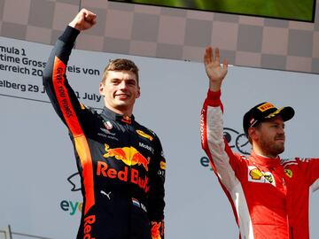 F1 Formula One - Austrian Grand Prix - Red Bull Ring, Spielberg, Austria - July 1, 2018   Red Bull&acirc;s Max Verstappen celebrates on the podium after winning the race alongside second-placed Ferrari&#039;s Kimi Raikkonen and third-place Ferrari&#039;