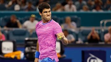 Mar 25, 2024; Miami Gardens, FL, USA; Carlos Alcaraz (ESP) celebrates after match point against Gael Monfils (FRA) (not pictured) on day eight of the Miami Open at Hard Rock Stadium. Mandatory Credit: Geoff Burke-USA TODAY Sports