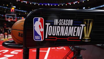 A detail of the In-Season Tournament signage before a game.