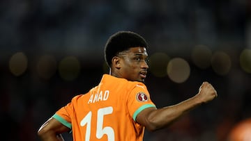 Ivory Coast's forward #15 Amad Diallo celebrates scoring the team's first goal during the Africa Cup of Nations (CAN) round of 16 football match between Ivory Coast and Burkina Faso at the Grand Stadium in Marrakesh on January 6, 2026. (Photo by FRANCK FIFE / AFP)