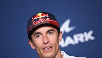 Repsol Honda Team Spanish rider Marc Marquez attends a press conference ahead of the  1000th Moto GP Grand Prix, in Le Mans, northwestern France, on May 11, 2023. (Photo by JEAN-FRANCOIS MONIER / AFP)