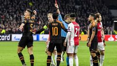 Red card for Valencia player Gabriel Paulista during the UEFA Champions League, Group H football match between Ajax and Valencia on December 10, 2019 at Johan Cruyff Arena in Amsterdam, Netherlands - Photo Jasper Ruhe / Pro Shots / DPPI
 
 
 10/12/2019 ON