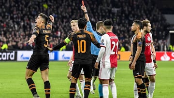 Red card for Valencia player Gabriel Paulista during the UEFA Champions League, Group H football match between Ajax and Valencia on December 10, 2019 at Johan Cruyff Arena in Amsterdam, Netherlands - Photo Jasper Ruhe / Pro Shots / DPPI
 
 
 10/12/2019 ON