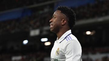 MADRID, SPAIN - JANUARY 29: Vinicius Junior of Real Madrid reacts during the LaLiga Santander match between Real Madrid CF and Real Sociedad at Estadio Santiago Bernabeu on January 29, 2023 in Madrid, Spain. (Photo by Denis Doyle/Getty Images)