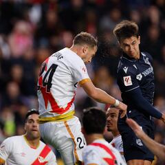 Rayo Vallecano's French defender #24 Florian Lejeune heads the ball during the Spanish league football match between Rayo Vallecano de Madrid and Real Sociedad at the Vallecas stadium in Madrid on October 29, 2023. (Photo by OSCAR DEL POZO / AFP)