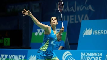 Carolina Mar&iacute;n, en acci&oacute;n durante el pasado Campeonato de Europa de B&aacute;dminton celebrado en Huelva.