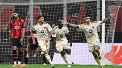 Roma's Italian defender #23 Gianluca Mancini celebrates after scoring the team's first goal during the UEFA Europa League football match between AC Milan and AS Roma at San Siro Stadium, in Milan on October 22, 2023. (Photo by Isabella BONOTTO / AFP)