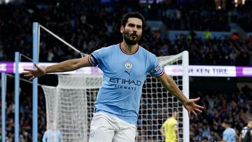 MANCHESTER, ENGLAND - FEBRUARY 12: Ilkay Gundogan of Manchester City celebrates 2nd goal during the Premier League match between Manchester City and Aston Villa at Etihad Stadium on February 12, 2023 in Manchester, United Kingdom. (Photo by Richard Sellers/Getty Images)