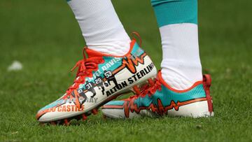 BALTIMORE, MD - DECEMBER 4: A detail view of the cleats of free safety Michael Thomas #31 of the Miami Dolphins prior to a game against the Baltimore Ravens at M&T Bank Stadium on December 4, 2016 in Baltimore, Maryland. Patrick Smith/Getty Images/AFP
== FOR NEWSPAPERS, INTERNET, TELCOS & TELEVISION USE ONLY ==