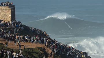 NAZARE, PORTUGAL - OCTOBER 29: Big wave surfer Sebastian Steudtner of Germany rides a wave during a tow surfing session at Praia do Norte on October 29, 2020 in Nazare, Portugal. (Photo by Octavio Passos/Getty Images)