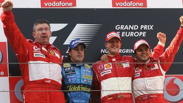 Brawn, Alonso, Schumacher y Massa tras el GP de Europa 2006 en Nurburgring, Alemanial. 