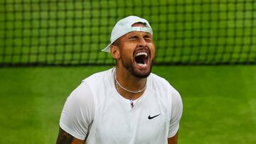 LONDON, ENGLAND - JULY 02: Nick Kyrgios of Australia celebrates his victory over Stefanos Tsitsipas of Greece during day six of The Championships Wimbledon 2022 at All England Lawn Tennis and Croquet Club on July 02, 2022 in London, England. (Photo by Frey/TPN/Getty Images)