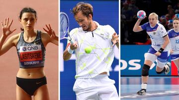 Maria Lasitskene, Daniil Medvedev y Anna Sen, tres de los deportistas que se podr&iacute;an ver afectados por la sanci&oacute;n de cuatro a&ntilde;os de la AMA a Rusia.