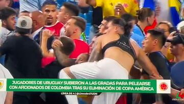 Puede ser una sanci車n hist車rica: Ar芍ujo y Darwin Nu?ez se suben a la grada a pegarse con fans colombianos