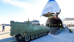 A military vehicle is loaded into an Ukrainian Antonov airplane, one of the world&#039;s largest transport aircraft, on February 27, 2022 in Gardermoen, Norway. - Norway reinforces with military equipment and with 50-60 soldiers in Lithuania, in addition 