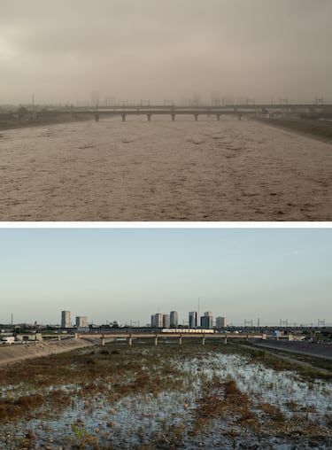 Imagen superior: Las inundaciones pasan por el cauce del río Turia el 7 de noviembre de 2024 en el municipio de Massanassa cerca de Valencia, España. Imagen inferior: Una vista general del cauce del río Turia a su paso por Valencia en la actualidad. 