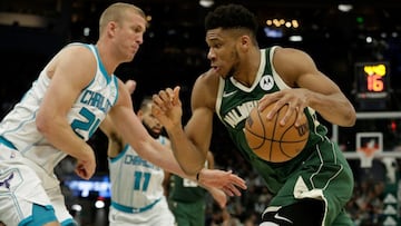 MILWAUKEE, WISCONSIN - FEBRUARY 28: Giannis Antetokounmpo #34 of the Milwaukee Bucks moves to the basket during the first half of the game against the Charlotte Hornets at Fiserv Forum on February 28, 2022 in Milwaukee, Wisconsin. NOTE TO USER: User expre