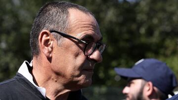 Juventus' Italian coach Maurizio Sarri arrives for the friendly football match between Juventus A and Juventus B in Villar Perosa, on August 14, 2019. (Photo by Isabella BONOTTO / AFP)