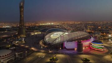 An aerial view of Khalifa Stadium stadium at sunrise on June 22, 2022 in Doha, Qatar