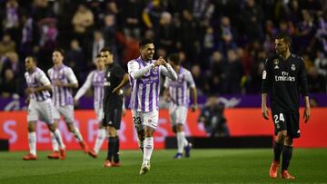 Real Madrid&#039;s Dani Ceballos, right, looks on as Real Valladolid&#039;s Anuar Mohamed celebrates a goal during the Spanish La Liga soccer match between Real Madrid and Valladoid FC at Jose Zorrila New stadium in Valladolid, northern Spain, Sunday, Mar