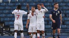 GLASGOW, SCOTLAND - OCTOBER 14: Helder Costa of Portugal  celebrates after he scores the opening goal during the International Friendly match between Scotland and Portugal on October 14, 2018 in Glasgow, United Kingdom. (Photo by Ian MacNicol/Getty Images)