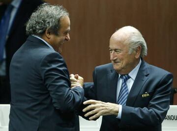 UEFA President Michel Platini congratulates FIFA President Sepp Blatter after he was re-elected in May 29, 2015. Things have changed since.