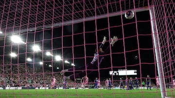 Jul 21, 2023; Fort Lauderdale, FL, USA; Inter Miami CF forward Lionel Messi (10) scores a goal past Cruz Azul goalkeeper Andres Gudiño (30) during the second half at DRV PNK Stadium. Mandatory Credit: Nathan Ray Seebeck-USA TODAY Sports TPX IMAGES OF THE DAY