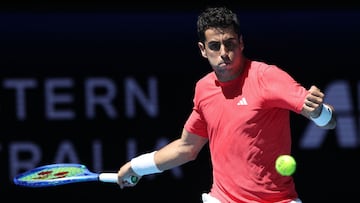Spain�s Jaume Munar hits a return to Argentina�s Sebastian Baez during their men�s singles match at the United Cup tennis tournament in Perth on January 2, 2026. (Photo by COLIN MURTY / AFP) / -- IMAGE RESTRICTED TO EDITORIAL USE - STRICTLY NO COMMERCIAL USE --