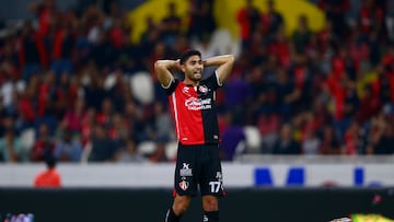 AME5669. GUADALAJARA (MÉXICO), 18/02/2023.- Jaziel Martínez de Atlas reacciona hoy, durante un partido entre Atlas y Tigres, en la jornada 8 del torneo Clausura 2023 de la liga del fútbol mexicano, disputado en el Estadio Jalisco, en Guadalajara (México). EFE/ Francisco Guasco
