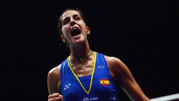 Carolina Marin of Spain reacts as she defeats He Bingjiao of China in their women&#039;s singles semi-final match during the badminton World Championships in Nanjing, Jiangsu province on August 4, 2018. / AFP PHOTO / Johannes EISELE