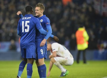 Jamie Vardy and Jeff Schlupp for Leicester against Brugge in the Champions League.