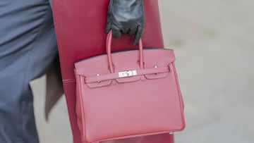 PARIS, FRANCE - NOVEMBER 11: Virginie Conte wears a burgundy leather Hermes Birkin bag, black leather Zara gloves, during a street style fashion photo session, on November 11, 2024 in Paris, France. (Photo by Edward Berthelot/Getty Images)