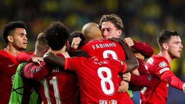 Fabinho Henrique of Liverpool celebrates a goal with teammates during the UEFA Champions League, semifinals, football match played between Villarreal CF and Liverpool FC at the Ceramica Stadium on May 3, 2022, in Castellon, Spain.
AFP7
03/05/2022 ONLY