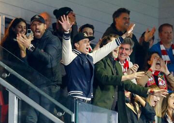 Wrexham co-owners Rob McElhenney and Ryan Reynolds celebrate their third goal, which guaranteed promotion.