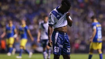 Kevin Velasco of Puebla during the 17th round match between Puebla and America as part of the Torneo Clausura 2024 Liga BBVA MX at Cuauhtemoc Stadium on April 26, 2024 in Puebla, Mexico.