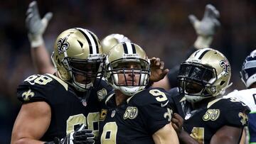 NEW ORLEANS, LA - OCTOBER 30: Drew Brees #9 of the New Orleans Saints reacts with Tim Lelito #68 of the New Orleans Saints after scoring a touchdown in the second quarter against the Seattle Seahawks at the Mercedes-Benz Superdome on October 30, 2016 in New Orleans, Louisiana.   Sean Gardner/Getty Images/AFP
 == FOR NEWSPAPERS, INTERNET, TELCOS &amp; TELEVISION USE ONLY ==