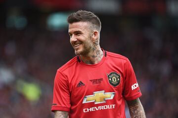 MANCHESTER, ENGLAND - MAY 26: David Beckham of Manchester United Legends looks on during the Manchester United '99 Legends and FC Bayern Legends at Old Trafford on May 26, 2019 in Manchester, England. (Photo by Nathan Stirk/Getty Images)