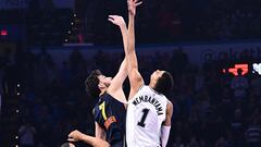 Victor Wembanyama #1 of the San Antonio Spurs jumps for the tipoff against Chet Holmgren #7 of the Oklahoma City Thunder during the fist half in an NBA In-Season Tournament game at Paycom Center on November 14, 2023 in Oklahoma City, Oklahoma.