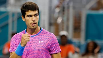 Mar 26, 2024; Miami Gardens, FL, USA; Carlos Alcaraz (ESP) reacts after winning a point against Lorenzo Musetti (ITA) (not pictured) on day nine of the Miami Open at Hard Rock Stadium. Mandatory Credit: Geoff Burke-USA TODAY Sports