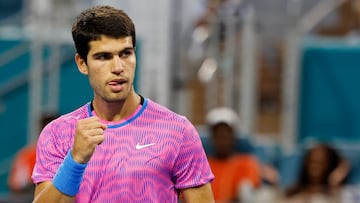 Mar 26, 2024; Miami Gardens, FL, USA; Carlos Alcaraz (ESP) reacts after winning a point against Lorenzo Musetti (ITA) (not pictured) on day nine of the Miami Open at Hard Rock Stadium. Mandatory Credit: Geoff Burke-USA TODAY Sports