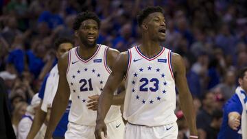 PHILADELPHIA, PA - MAY 02: Jimmy Butler #23 and Joel Embiid #21 of the Philadelphia 76ers react after a timeout against the Toronto Raptors in the fourth quarter of Game Three of the Eastern Conference Semifinals at the Wells Fargo Center on May 2, 2019 in Philadelphia, Pennsylvania. The 76ers defeated the Raptors 116-95. NOTE TO USER: User expressly acknowledges and agrees that, by downloading and or using this photograph, User is consenting to the terms and conditions of the Getty Images License Agreement. Mitchell Leff/Getty Images/AFP
== FOR NEWSPAPERS, INTERNET, TELCOS & TELEVISION USE ONLY ==