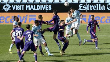 VIGO, SPAIN - FEBRUARY 28: Jeison Murillo of Celta Vigo scores their sides first goal during the La Liga Santander match between RC Celta and Real Valladolid CF at Abanca-Balaídos on February 28, 2021 in Vigo, Spain. Sporting stadiums around Spain