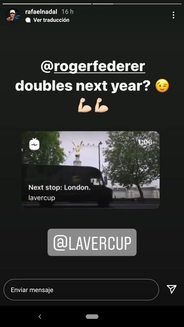 Story de Rafa Nadal en Instagram en el que le sugiere a Roger Federer volver a jugar juntos de nuevo en dobles en la Laver Cup 2022.