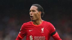 LIVERPOOL, ENGLAND - AUGUST 21: Virgil van Dijk of Liverpool during the Premier League match between Liverpool  and  Burnley at Anfield on August 21, 2021 in Liverpool, England. (Photo by Catherine Ivill/Getty Images)