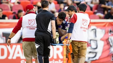 HARRISON, NJ - AUGUST 13: Alexandre Pato #7 of Orlando City SC reacts to being taken off in a stretcher in the first half of the Major League Soccer match against New York Red Bulls at Red Bull Arena on August 13, 2022 in Harrison, New Jersey. (Photo by Ira L. Black - Corbis/Getty Images)