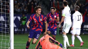 CARSON, CALIFORNIA - DECEMBER 18: Cole Bassett #11 of the United States celebrates his goal past Belmin Dizdarevic #12 of Bosnia &amp; Herzegovina, to take a 1-0 lead resulting in a 1-0 win during a friendly match at Dignity Health Sports Park on December 18, 2021 in Carson, California.   Harry How/Getty Images/AFP
 == FOR NEWSPAPERS, INTERNET, TELCOS &amp; TELEVISION USE ONLY ==