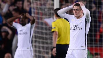 Marco Verratti se lamenta de una ocasión perdida en el partido contra el Barcelona.